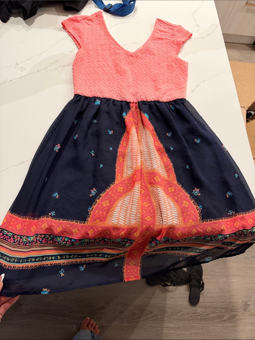love, Fire Coral Pink Bodice Navy Skirt Boho Border Dress